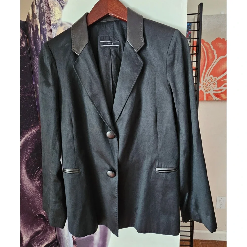 JOSEPH Black Cotton Blazer Leather Trim Detail Career Jacket‎ Size L